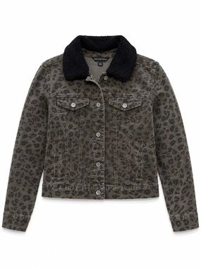 Leopard Print Sherpa removable Collar Denim Jacket – Olive Black – M